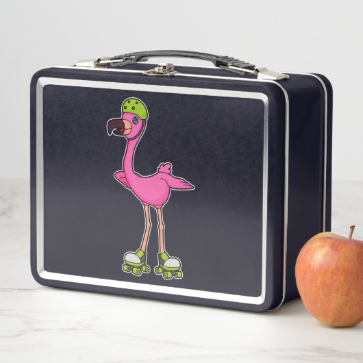 Lunch Box Flamant rose comme Patineur avec Roller Patins & C (En situation)