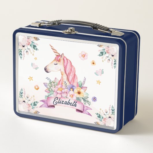 Lunch Box Fleur d'aquarelle personnalisée Unicorn Girls (Devant)