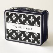 Lunch Box Fleur de Lis, Blanc sur Noir, Blanc, Votre Nom (Dos)