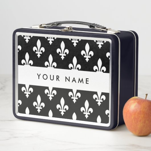 Lunch Box Fleur de Lis, Blanc sur Noir, Blanc, Votre Nom (En situation)