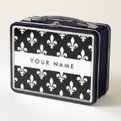 Lunch Box Fleur de Lis, Blanc sur Noir, Blanc, Votre Nom (Devant)