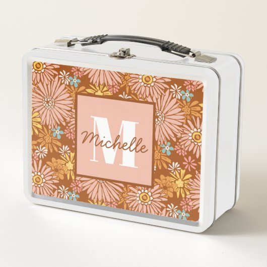 Lunch Box Fleur rétro été | Boîte à lunch Monogramme (Devant)