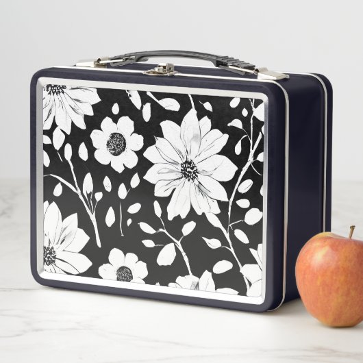 Lunch Box Fleur simple noir et blanc Motif sans couture (En situation)