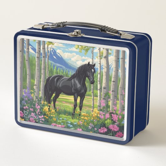 Lunch Box Fleurs de Cheval Noir Pré Rose Bleu Amusant (Devant)