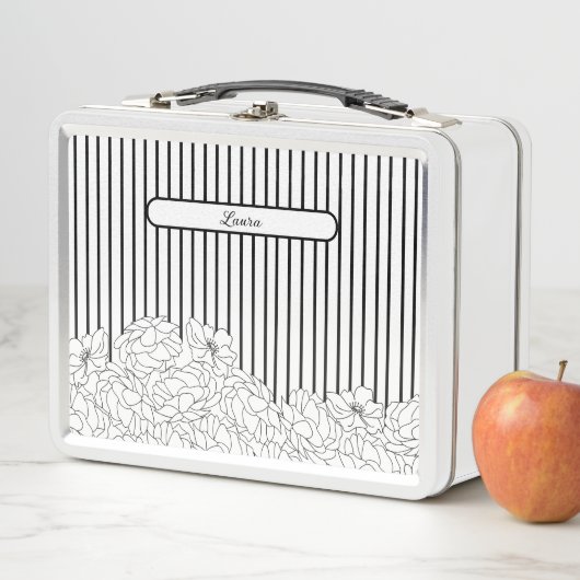 Lunch Box Fleurs noires et blanches avec bandes (En situation)