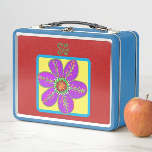 Lunch Box Fleurs vert violet brillant Monogramme (En situation)