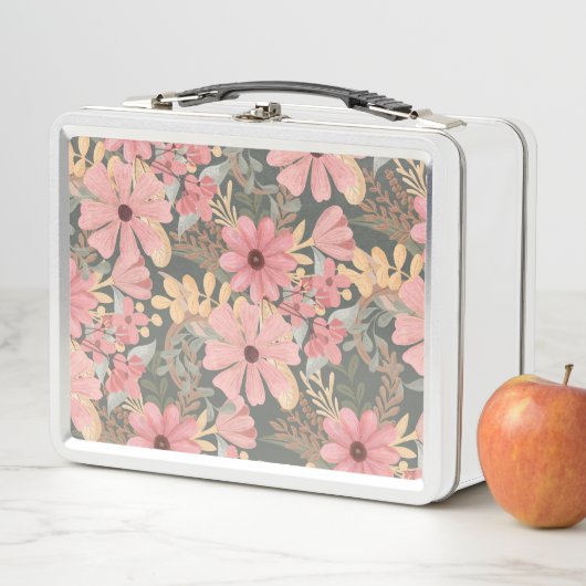 Lunch Box Fleurs vertes rose Sage Laisser Motif Aquarelle (En situation)