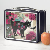 Lunch Box Floral Chat Noir Avec Roses Et libellule (En situation)