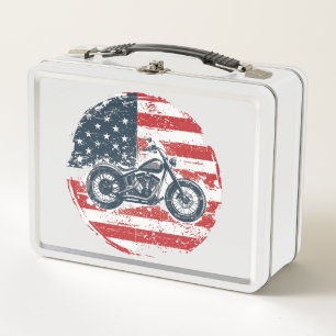 Lunch Box Freedom Ride : Moto rétro et drapeau américain