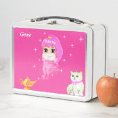 Lunch Box Génie mignon, lampe magique, chat & étoiles en ros (En situation)