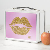 Lunch Box Gold Glitter Lips Sparkle Pink BG Initials (En situation)