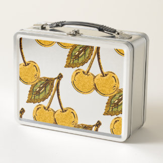 Lunch Box Golden Metallic Cherries Pattern
