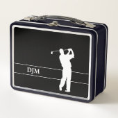 Lunch Box Golfeur en silhouette blanche monogramme sur noir (Devant)