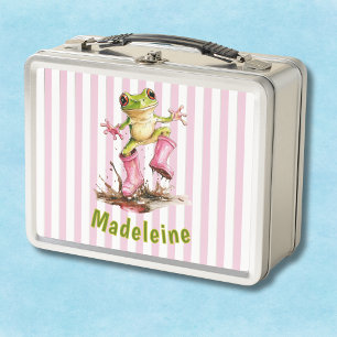 Lunch Box Grenouille mignonne en bottes de pluie roses monog