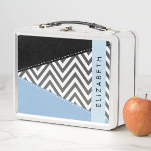 Lunch Box Grey Zigzag, Grey Chevron, Bleu, Votre Nom