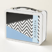 Lunch Box Grey Zigzag, Grey Chevron, Bleu, Votre Nom (Dos)