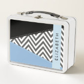 Lunch Box Grey Zigzag, Grey Chevron, Bleu, Votre Nom (Devant)
