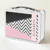 Lunch Box Grey Zigzag, Grey Chevron, Rose, Votre Nom (Dos)