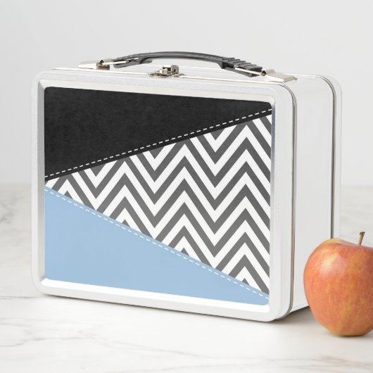 Lunch Box Gris Zigzag, Gris Chevron, Motif Zigzag, Bleu (En situation)