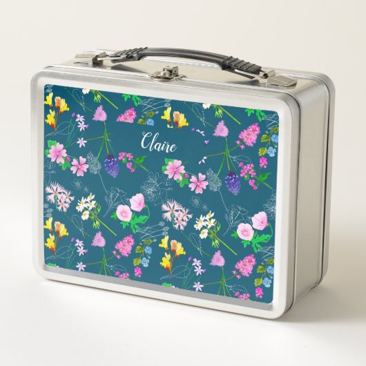 Lunch Box Hand-painted watercolour flowers on a deep blue (Devant)