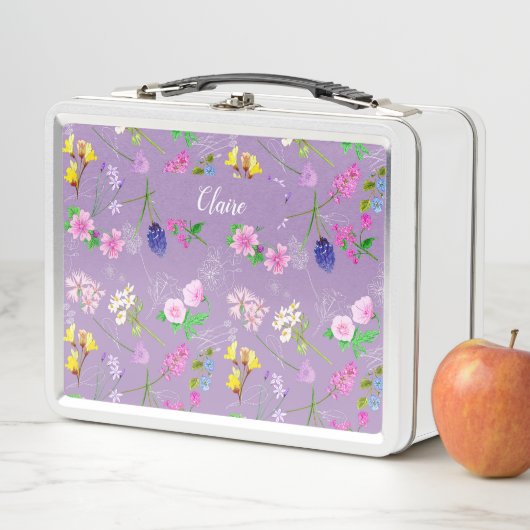 Lunch Box Hand-painted watercolour flowers on a pastel lilac (En situation)