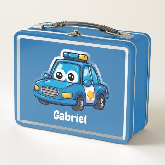 Lunch Box Happy Police Car, Boys, Personalized Blue  (Devant)