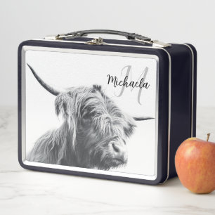 Lunch Box Highland cow portrait initial monogram black white