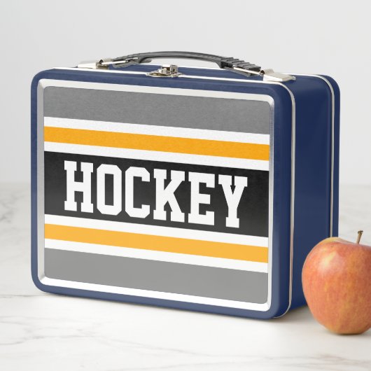 Lunch Box HOCKEY Grey Black White Yellow Stripes de course (En situation)