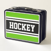 Lunch Box HOCKEY Sporty Black White Green Racing Stripes (Dos)