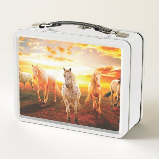 Lunch Box Horses at sunset throw pillow (Dos)