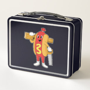 Lunch Box Hotdog as Carpenter with Saw & Wood