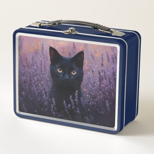 Lunch Box Illustration d'un chat noir dans un champ de lavan (Devant)