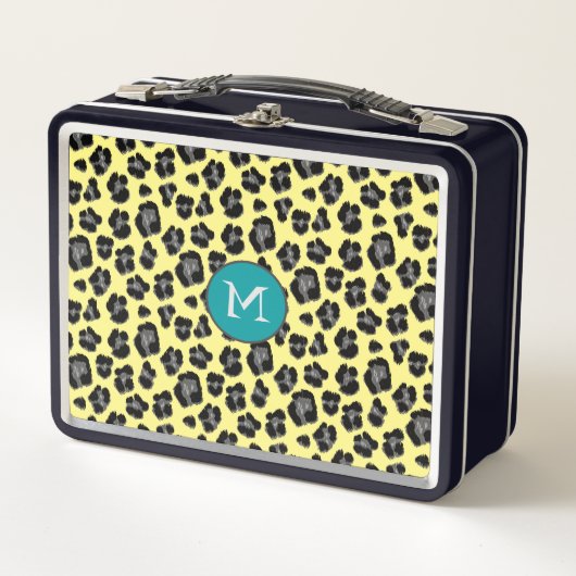 Lunch Box Imprimé léopard jaune et gris monogrammé (Devant)