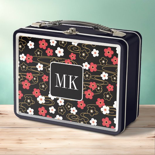 Lunch Box Initiales du monogramme noir Sakura en fleurs