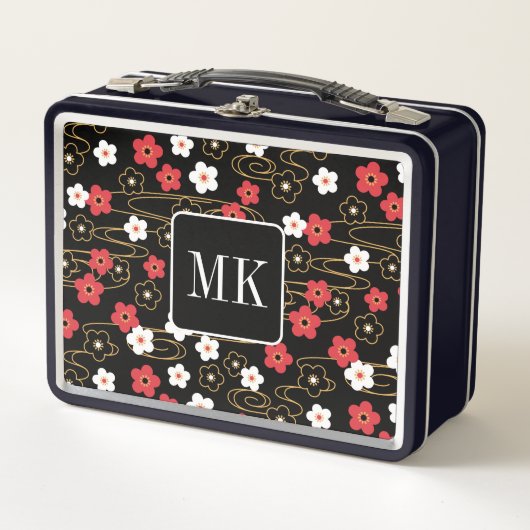 Lunch Box Initiales du monogramme noir Sakura en fleurs (Devant)