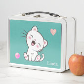 Lunch Box Joli chat blanc & cœur sur sarcelle (En situation)
