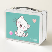 Lunch Box Joli chat blanc & cœur sur sarcelle (Dos)