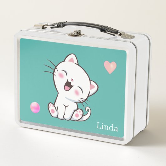 Lunch Box Joli chat blanc & cœur sur sarcelle (Devant)