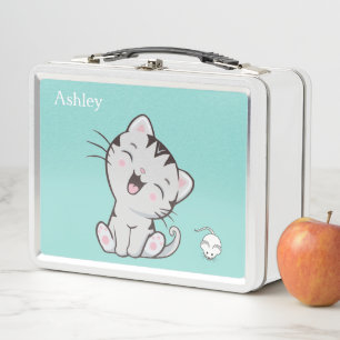 Lunch Box Joli chat tigré & souris sur fond bleu clair