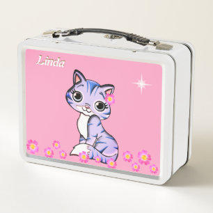 Lunch Box Joli chaton heureux, fleurs et étoile sur fond ros