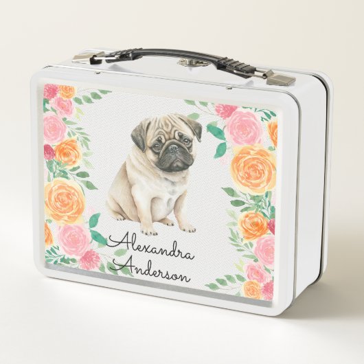 Lunch Box Joli chiot Carlin avec des fleurs d'aquarelle mono (Dos)