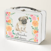 Lunch Box Joli chiot Carlin avec des fleurs d'aquarelle mono (Devant)