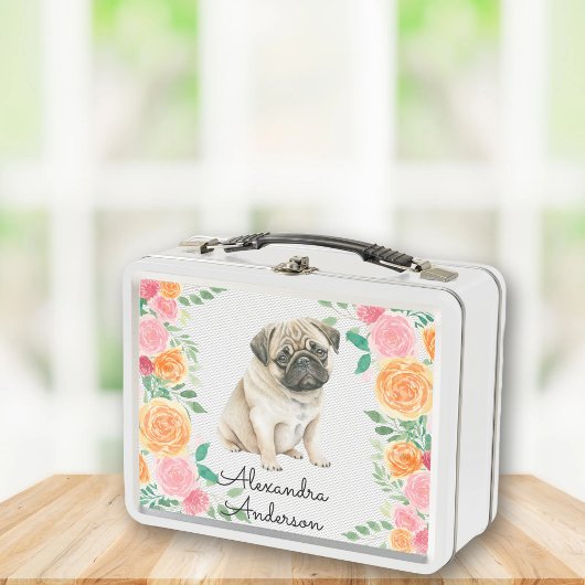 Lunch Box Joli chiot Carlin avec des fleurs d'aquarelle mono