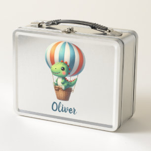 Lunch Box Joli Dino Vert S'envole dans une Montgolfière