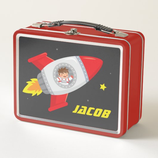 Lunch Box Joli Garçon Astronaute Dans La Fusée Spatiale Nom (Devant)