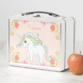 Lunch Box Joli licorne et fleurs sur rose clair (En situation)
