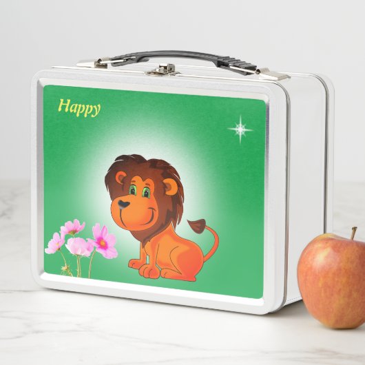 Lunch Box Joli lion, fleurs et étoile sur vert (En situation)