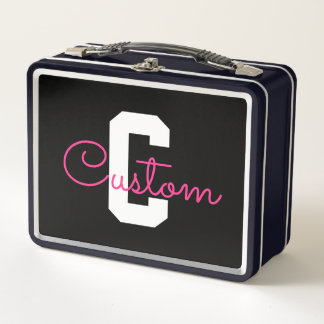 Lunch Box Joli nom et monogramme | Noir Blanc et Rose