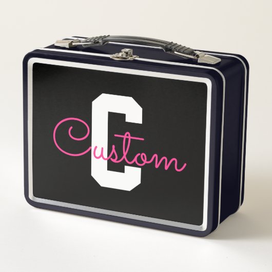 Lunch Box Joli nom et monogramme | Noir Blanc et Rose (Devant)