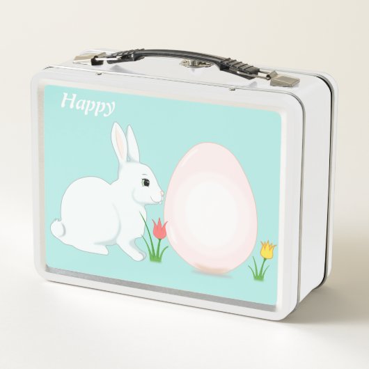 Lunch Box Joyeux lapin, oeuf et fleurs sur bleu clair (Dos)